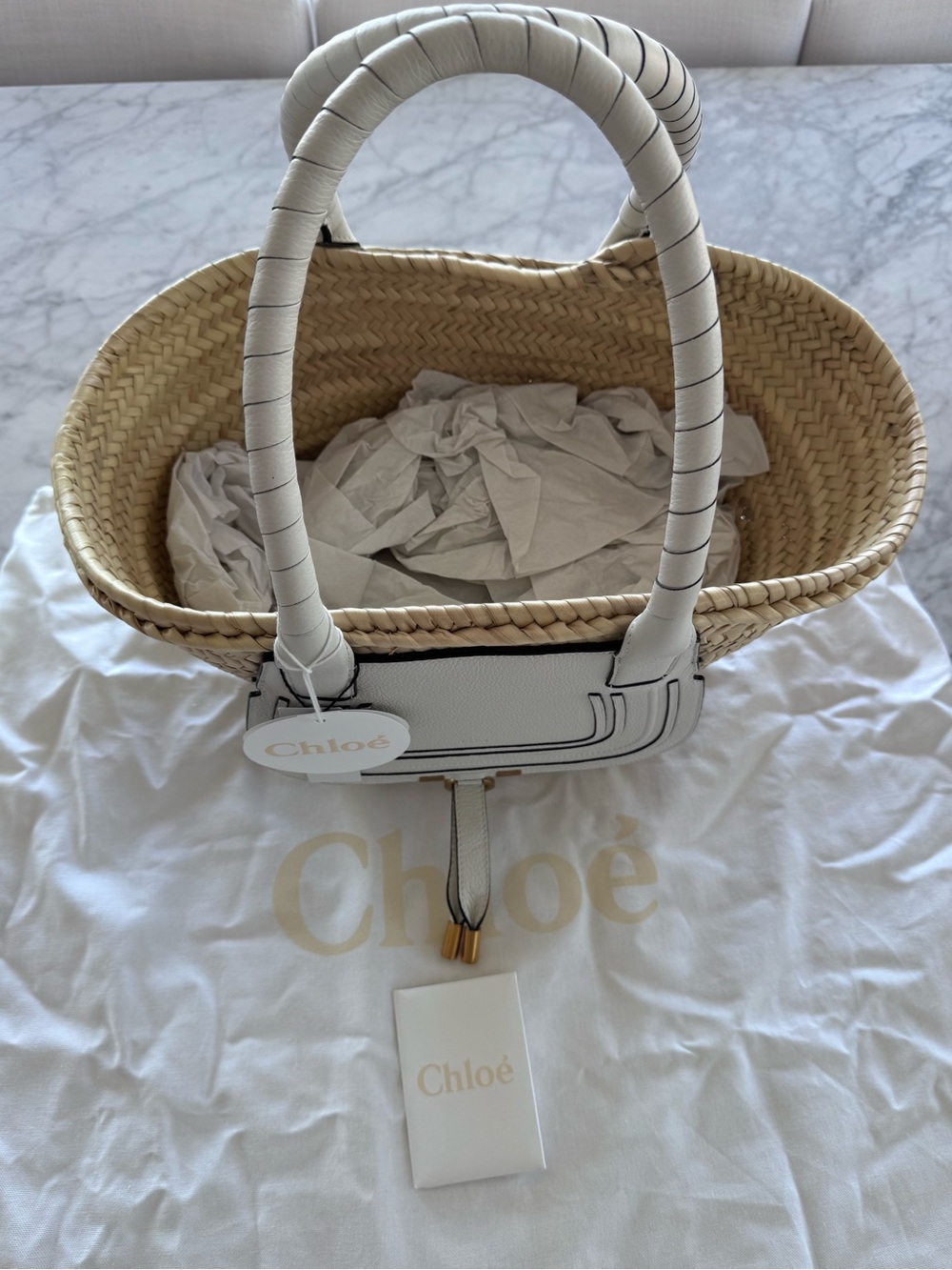New Chloé Marcie Medium Raffia and Leather Basket Tote Bag - Picture 3 of 8